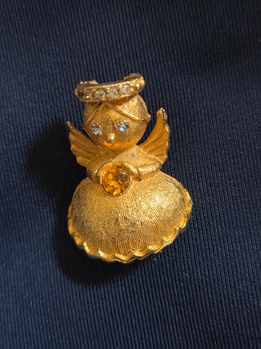 Vintage Signed Ultra Gold Textured Rhinestone Halo Angel Brooch, 1.5"